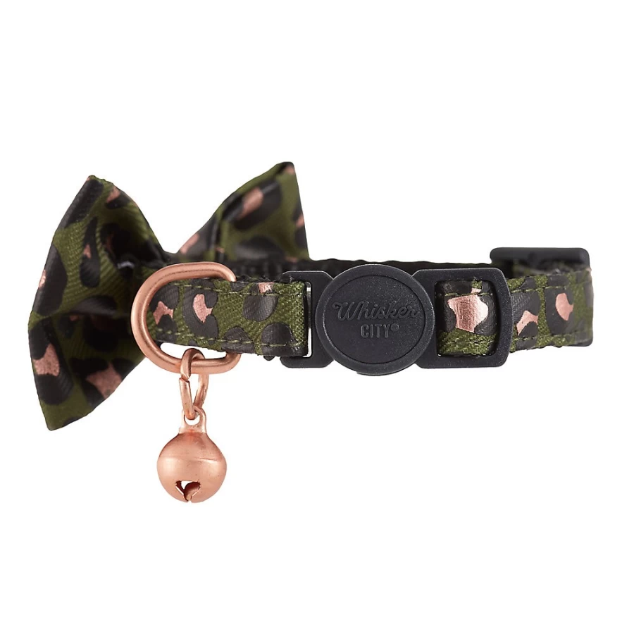 PetSmart Whisker City Easy Release Cat Collar - Green & Pink Leopard Print with Bow