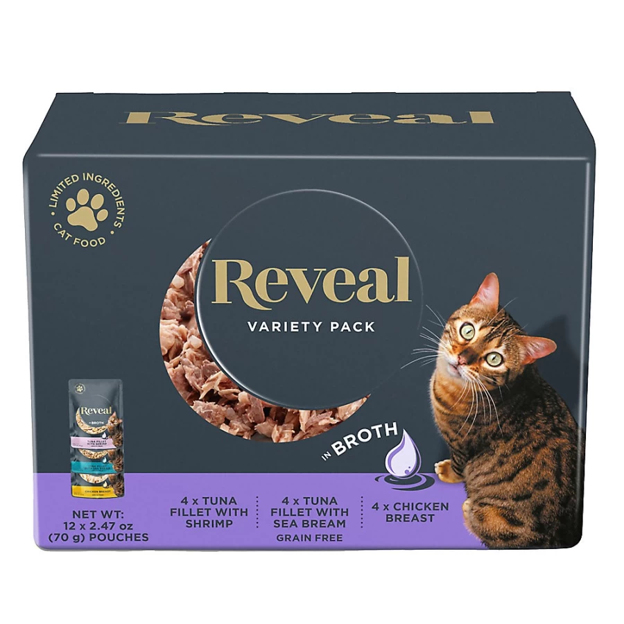 PetSmart Reveal Grain Free Limited Ingredient Cat Wet Food Pouches in Broth Variety Pack - 12 Count, Natural Protein