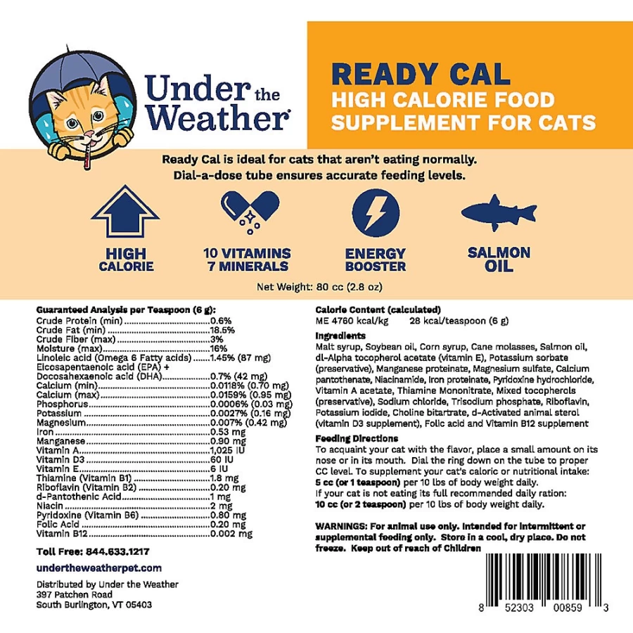 PetSmart High-Calorie Nutritional Gel Cat Supplement - Under the Weather Ready Cal, 80cc Syringe for Boosting Cat Health