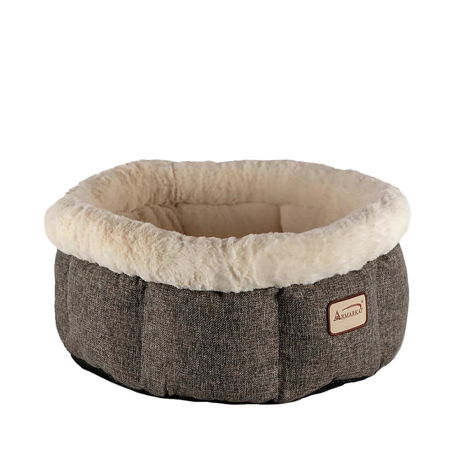 PetSmart Armarkat Plush Beige & Gray Cat Bed - Soft Cozy Pet Bed for Cats
