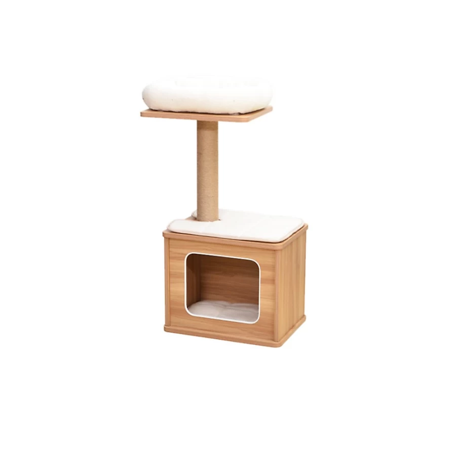 PetSmart Catry 30-inch Wooden Cat Tree with Top Perch, Brown and White Cat Condo for Indoor Cats