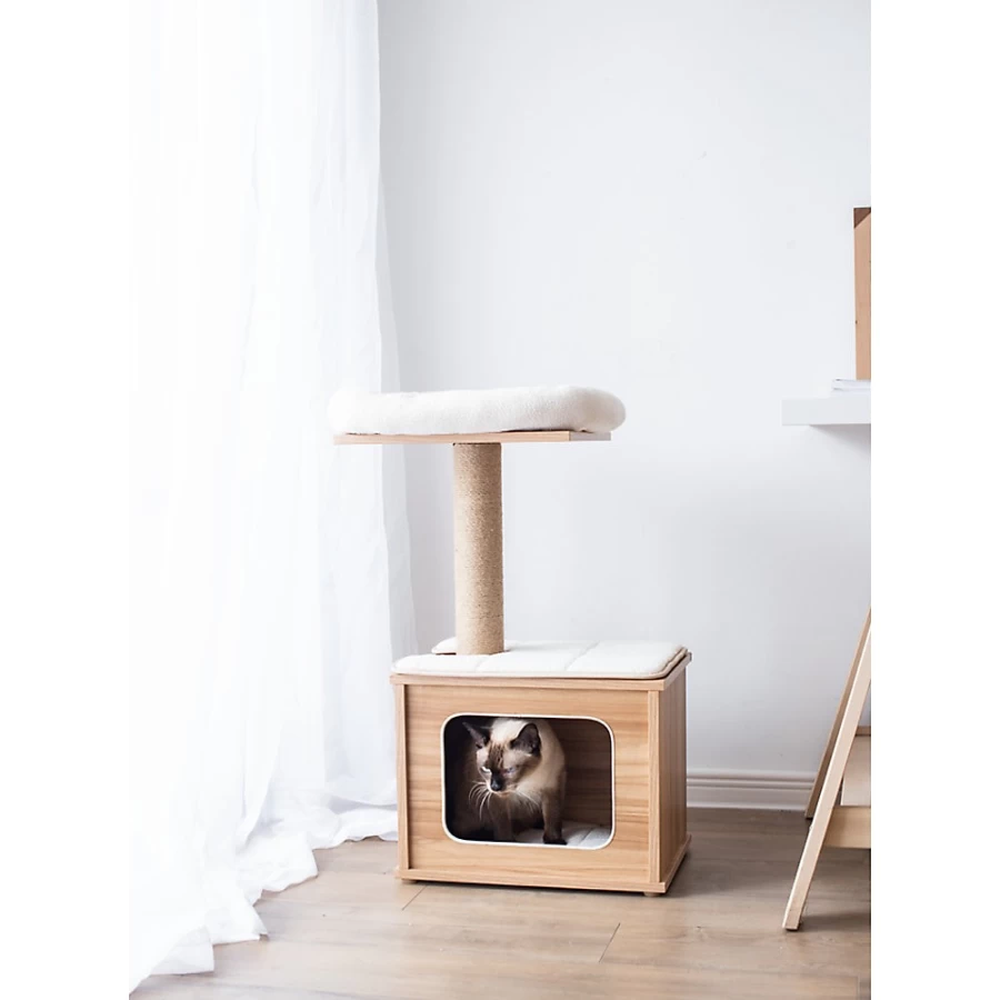 PetSmart Catry 30-inch Wooden Cat Tree with Top Perch, Brown and White Cat Condo for Indoor Cats