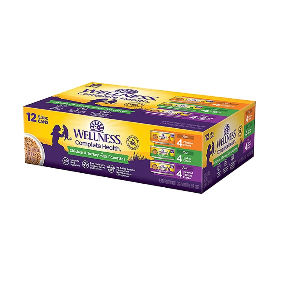 PetSmart Wellness Complete Health Grain-Free Wet Cat Food Pate Variety Pack, 12 Cans, Natural Recipes for Adult Cats